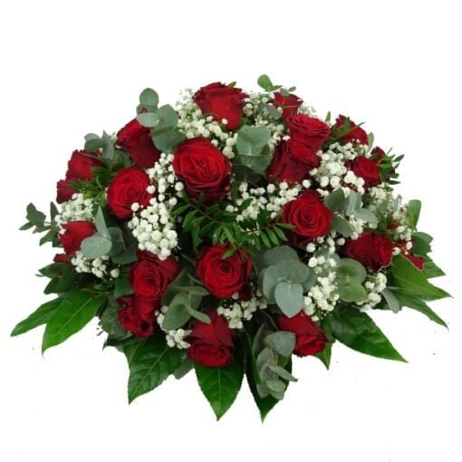 Biedermeier rouwstuk met rode rozen (99)