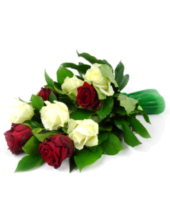 Klassiek rouwboeket met rode en witte rozen