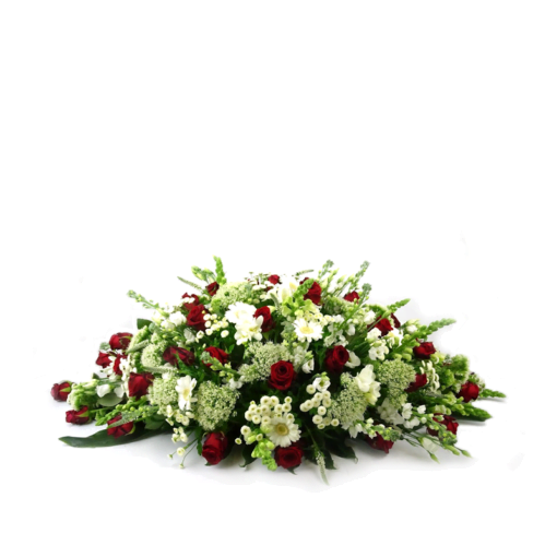 Ovaal rouwstuk met rode en witte rozen