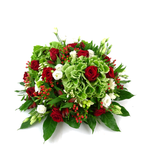Biedermeier rouwstuk met rode rozen en hortensia