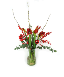 Duoplant - Amaryllis met Pinus, kerstballen, katjes en rode ilex in vaas. 5 mooie rode Amaryllis opgemaakt in een vaas met eucalyptus, rode kerstballen,katjes en Rode ilex