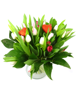 Valentijnsboeket met tulpen rood/roze/wit