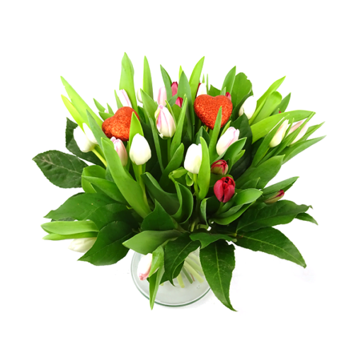 Valentijnsboeket met tulpen rood/roze/wit